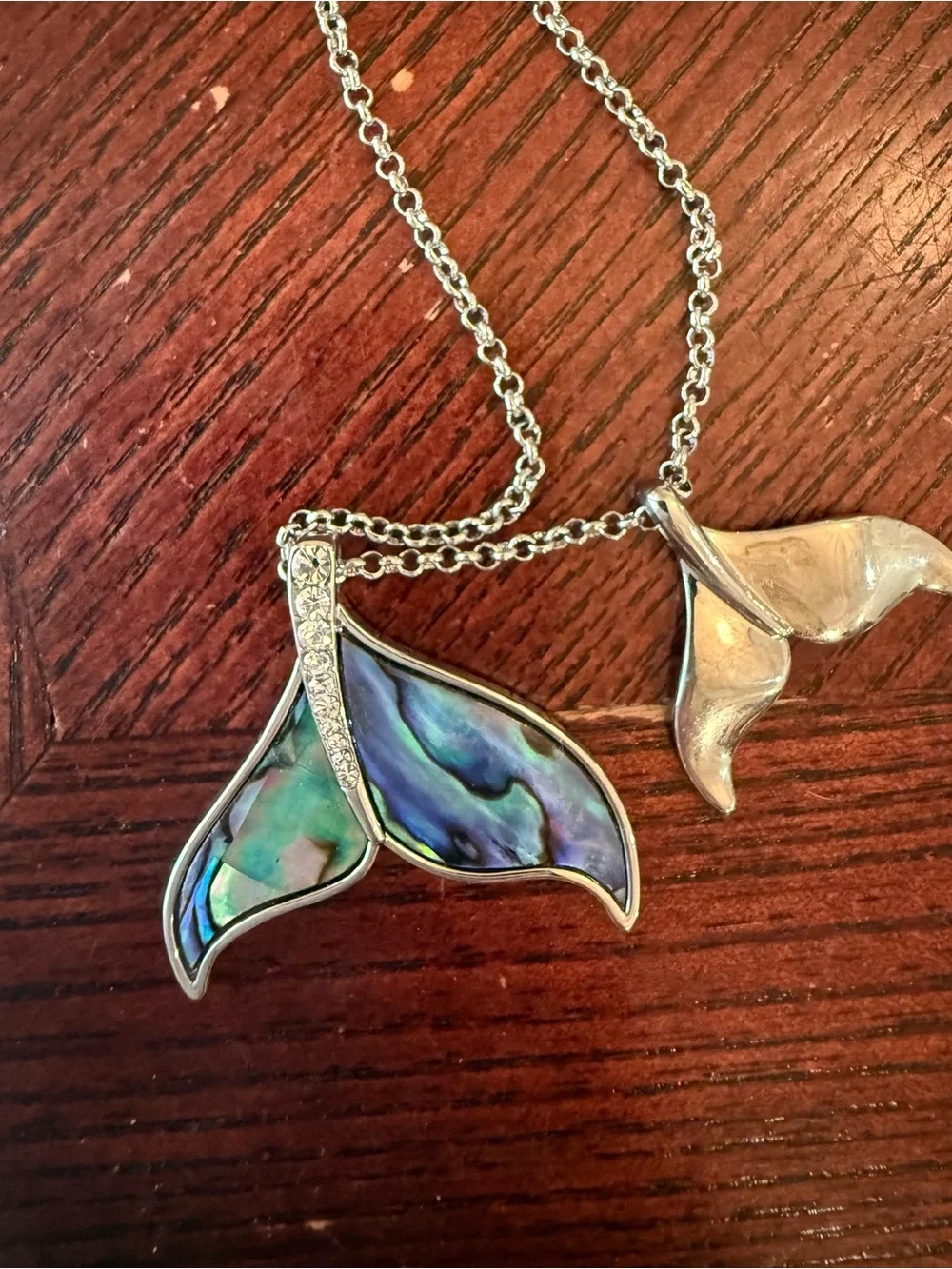 Silver and Abalone double Whale Tail Pendant Necklace - Blue Green Shell